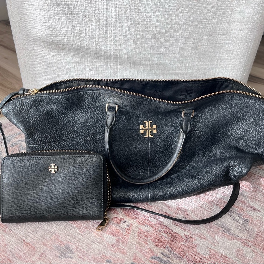 Tory Burch Black Leather Tote and Wallet Set